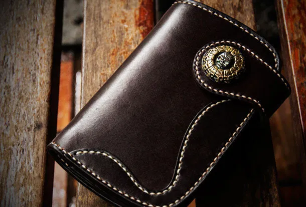 Handmade leather billfold biker trucker wallet black leather chain men wallet