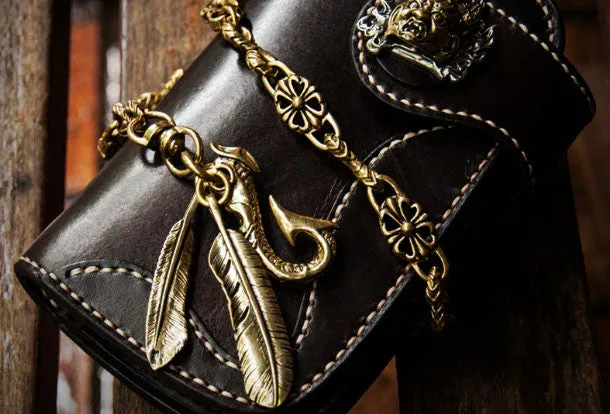Handmade leather billfold biker trucker wallet black leather chain men wallet