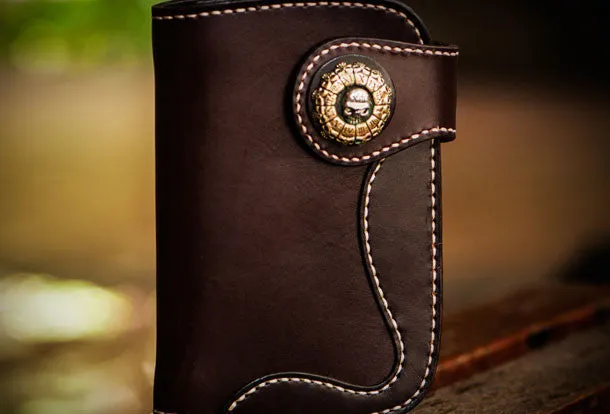 Handmade leather billfold biker trucker wallet black leather chain men wallet