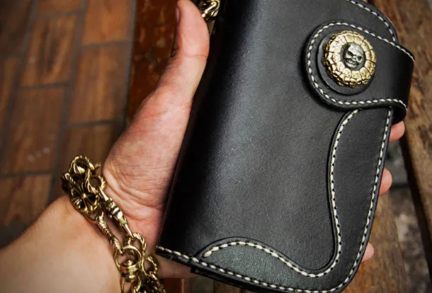 Handmade leather billfold biker trucker wallet black leather chain men wallet