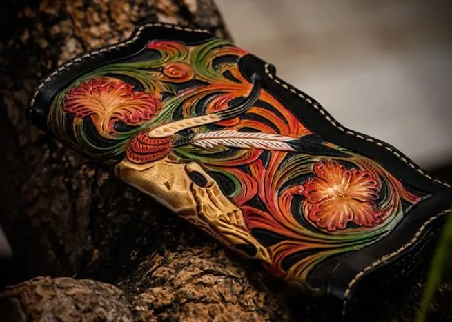 Handmade Leather Black Mens Tooled Skull Chain Biker Wallet Cool Leather Wallet Long Clutch Wallets for Men