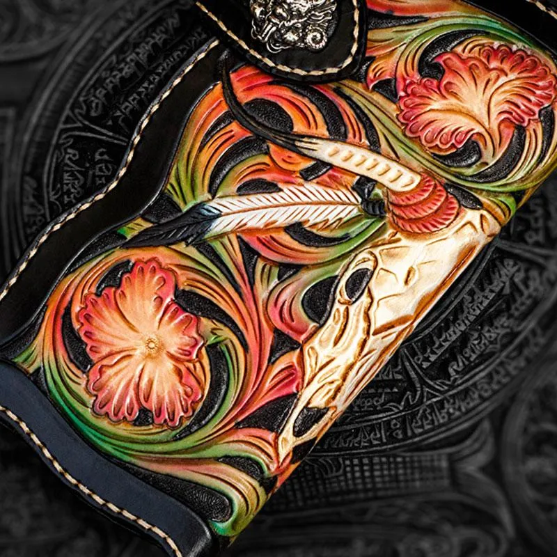 Handmade Leather Black Mens Tooled Skull Chain Biker Wallet Cool Leather Wallet Long Clutch Wallets for Men