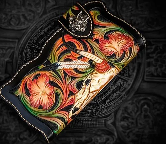 Handmade Leather Black Mens Tooled Skull Chain Biker Wallet Cool Leather Wallet Long Clutch Wallets for Men