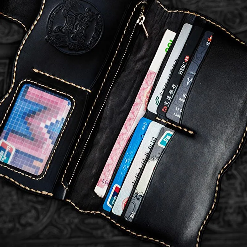 Handmade Leather Black Mens Tooled Skull Chain Biker Wallet Cool Leather Wallet Long Clutch Wallets for Men