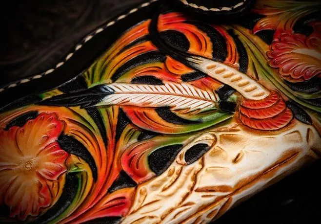 Handmade Leather Black Mens Tooled Skull Chain Biker Wallet Cool Leather Wallet Long Clutch Wallets for Men