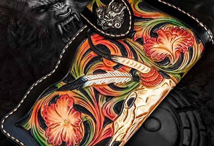Handmade Leather Black Mens Tooled Skull Chain Biker Wallet Cool Leather Wallet Long Clutch Wallets for Men