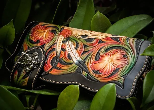 Handmade Leather Black Mens Tooled Skull Chain Biker Wallet Cool Leather Wallet Long Clutch Wallets for Men