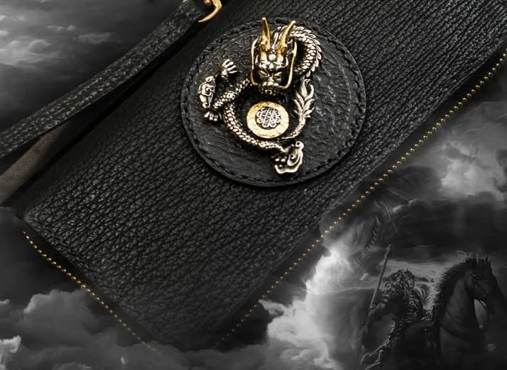 Handmade Leather Black Sharkskin Chain Wallet Mens Biker Wallet Cool Leather Wallet Long Phone Wallets for Men