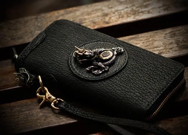 Handmade Leather Black Sharkskin Chain Wallet Mens Biker Wallet Cool Leather Wallet Long Phone Wallets for Men