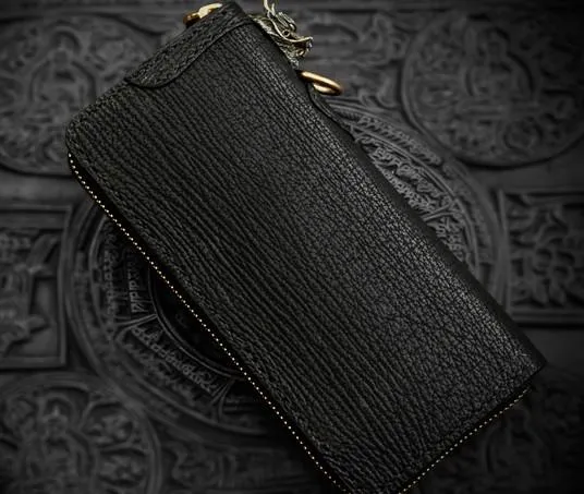 Handmade Leather Black Sharkskin Chain Wallet Mens Biker Wallet Cool Leather Wallet Long Phone Wallets for Men