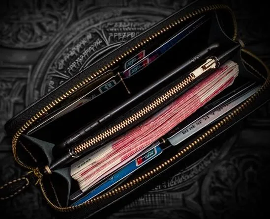 Handmade Leather Black Sharkskin Chain Wallet Mens Biker Wallet Cool Leather Wallet Long Phone Wallets for Men