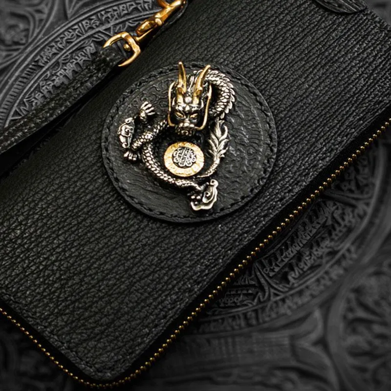 Handmade Leather Black Sharkskin Chain Wallet Mens Biker Wallet Cool Leather Wallet Long Phone Wallets for Men