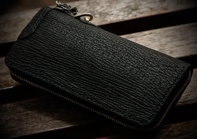 Handmade Leather Black Sharkskin Chain Wallet Mens Biker Wallet Cool Leather Wallet Long Phone Wallets for Men