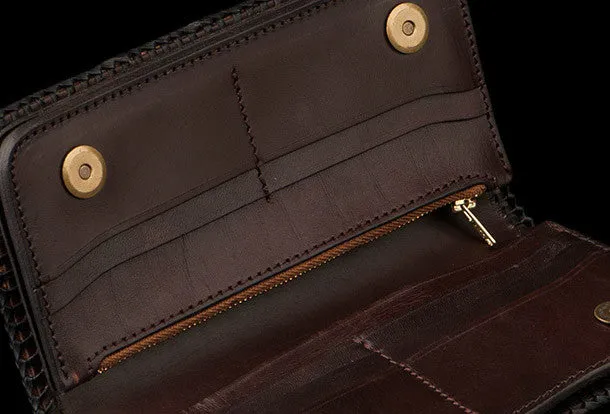 Handmade leather brown black floral skull carved biker wallet bifold long wallet for men