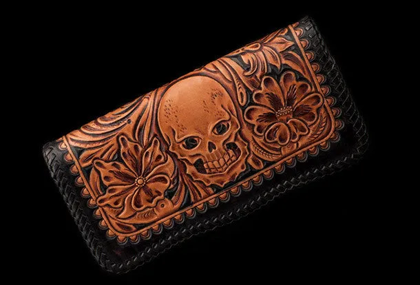 Handmade leather brown black floral skull carved biker wallet bifold long wallet for men