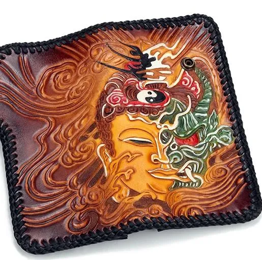 Handmade Leather Buddha&Demon Mens Biker Chain Wallet Cool Leather Wallets With Chain Wallets for Men