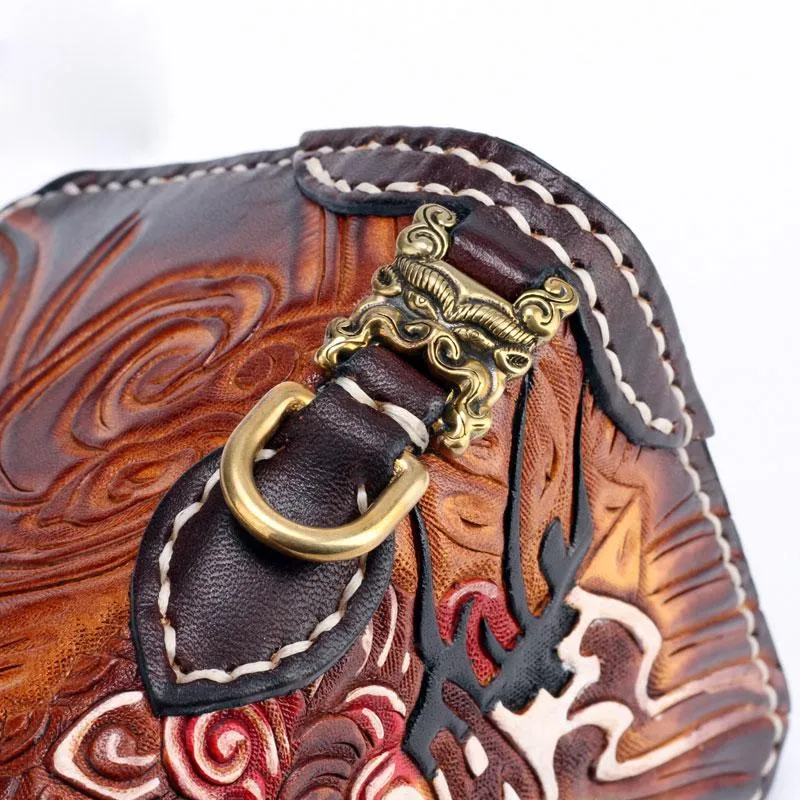Handmade Leather Buddha&Demon Mens Tooled Chain Biker Wallet Cool Leather Long Wallet With Chain Wallets for Men