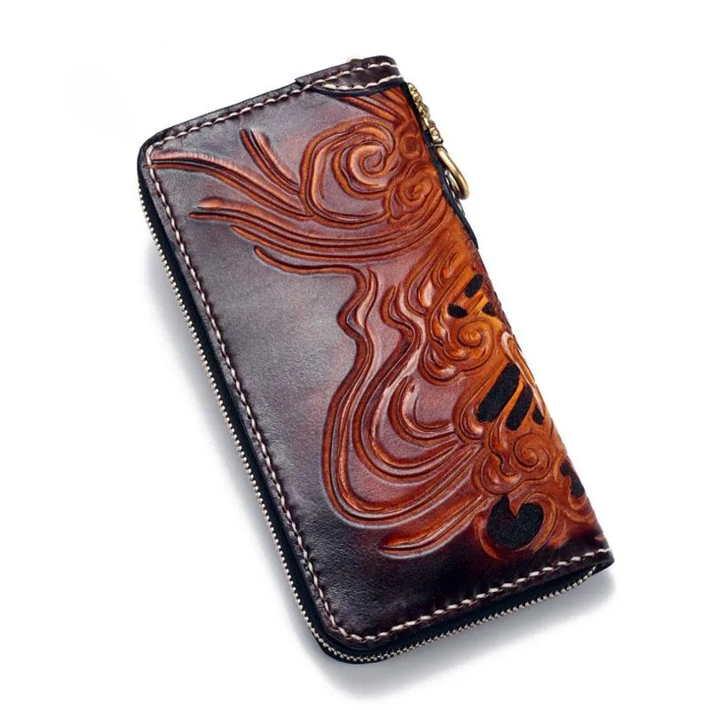 Handmade Leather Buddha&Demon Mens Tooled Chain Biker Wallet Cool Leather Long Wallet With Chain Wallets for Men