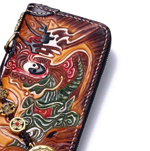 Handmade Leather Buddha&Demon Mens Tooled Chain Biker Wallet Cool Leather Long Wallet With Chain Wallets for Men