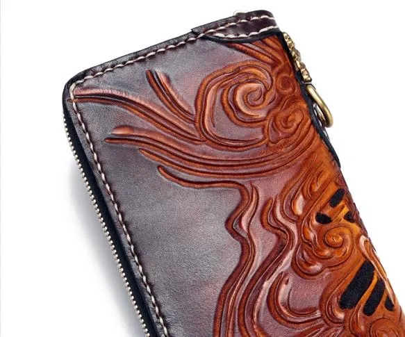 Handmade Leather Buddha&Demon Mens Tooled Chain Biker Wallet Cool Leather Long Wallet With Chain Wallets for Men