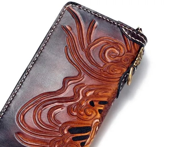 Handmade Leather Buddha&Demon Mens Tooled Chain Biker Wallet Cool Leather Long Wallet With Chain Wallets for Men