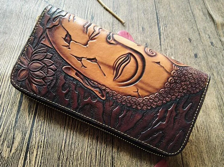 Handmade Leather Buddha&Demon Tooled Mens Long Wallet Cool Leather Wallet Clutch Wallet for Men