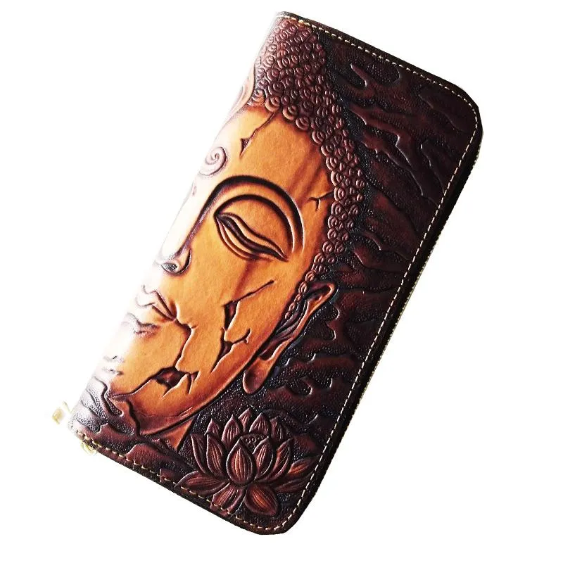 Handmade Leather Buddha&Demon Tooled Mens Long Wallet Cool Leather Wallet Clutch Wallet for Men