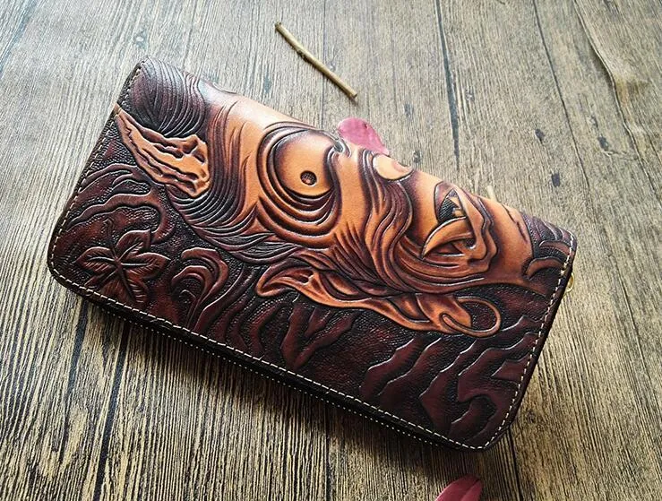 Handmade Leather Buddha&Demon Tooled Mens Long Wallet Cool Leather Wallet Clutch Wallet for Men