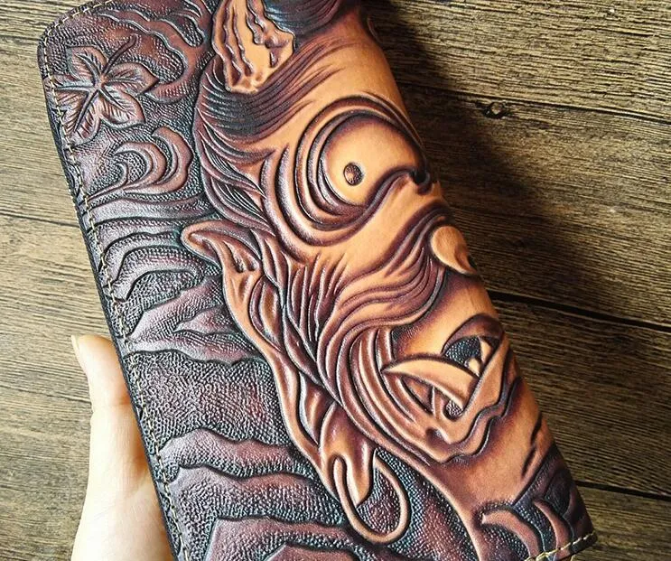 Handmade Leather Buddha&Demon Tooled Mens Long Wallet Cool Leather Wallet Clutch Wallet for Men