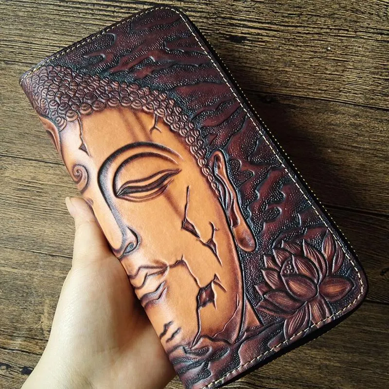 Handmade Leather Buddha&Demon Tooled Mens Long Wallet Cool Leather Wallet Clutch Wallet for Men