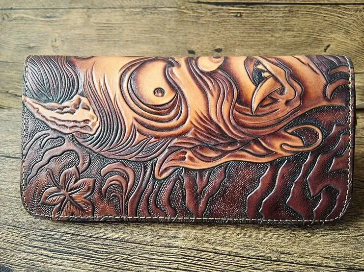Handmade Leather Buddha&Demon Tooled Mens Long Wallet Cool Leather Wallet Clutch Wallet for Men