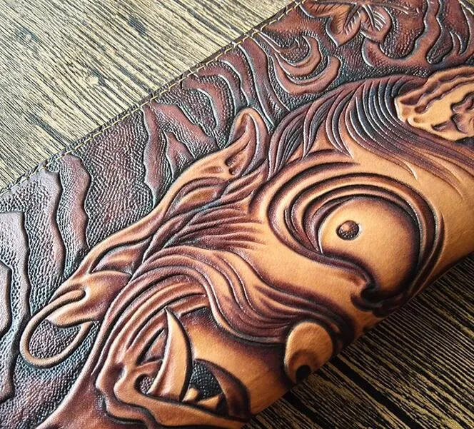 Handmade Leather Buddha&Demon Tooled Mens Long Wallet Cool Leather Wallet Clutch Wallet for Men