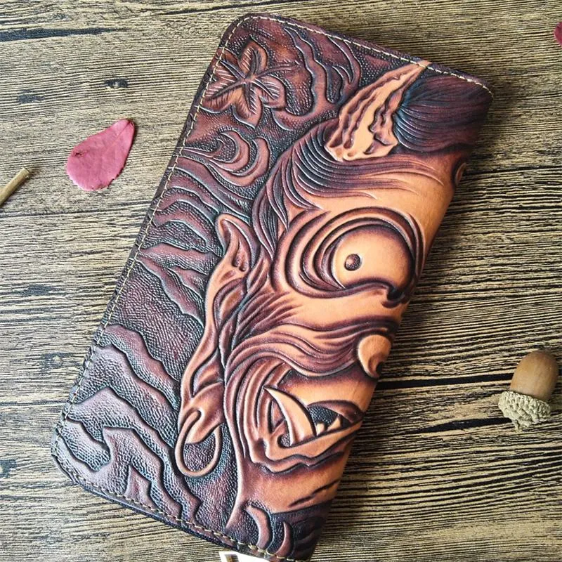 Handmade Leather Buddha&Demon Tooled Mens Long Wallet Cool Leather Wallet Clutch Wallet for Men