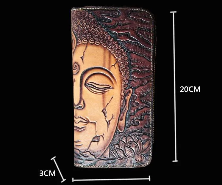 Handmade Leather Buddha&Demon Tooled Mens Long Wallet Cool Leather Wallet Clutch Wallet for Men