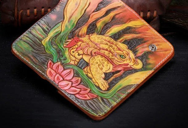 Handmade leather bufonid biker trucker eagle wallet leather chain men Black Tooled wallet