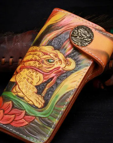 Handmade leather bufonid biker trucker eagle wallet leather chain men Black Tooled wallet