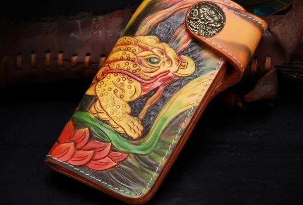 Handmade leather bufonid biker trucker eagle wallet leather chain men Black Tooled wallet