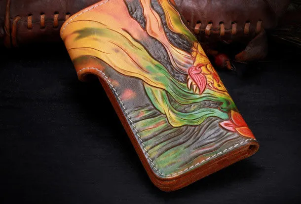 Handmade leather bufonid biker trucker eagle wallet leather chain men Black Tooled wallet