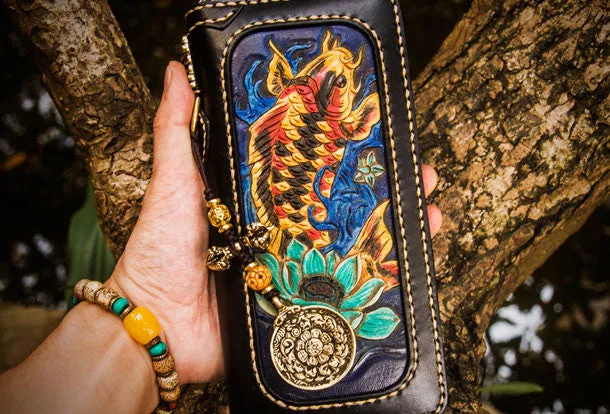 Handmade leather carp biker wallet clutch zip long wallet brown leather men phone