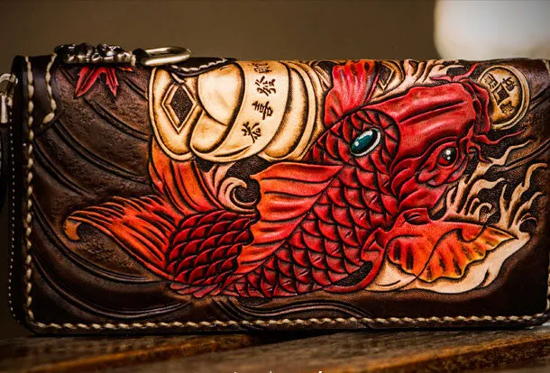 Handmade leather carp biker wallet clutch zip long wallet brown leather men phone