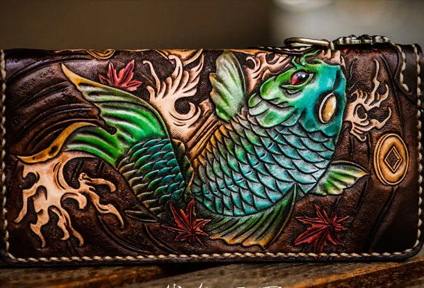 Handmade leather carp biker wallet clutch zip long wallet brown leather men phone