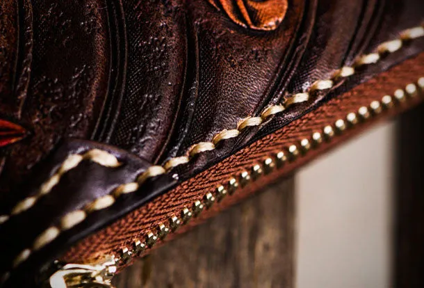 Handmade leather carp biker wallet clutch zip long wallet brown leather men phone