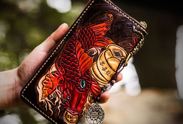 Handmade leather carp biker wallet clutch zip long wallet brown leather men phone