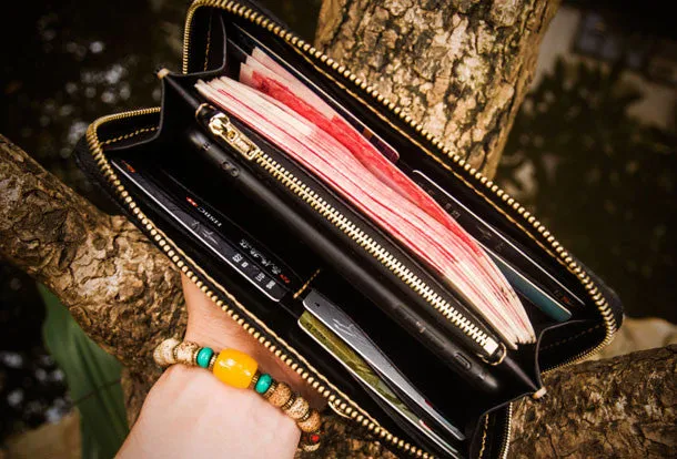Handmade leather carp biker wallet clutch zip long wallet brown leather men phone
