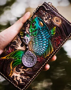 Handmade leather carp biker wallet clutch zip long wallet brown leather men phone