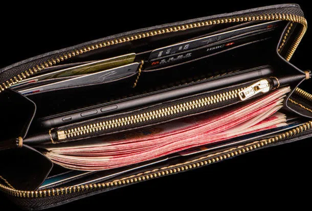 Handmade leather carp biker wallet clutch zip long wallet brown leather men phone