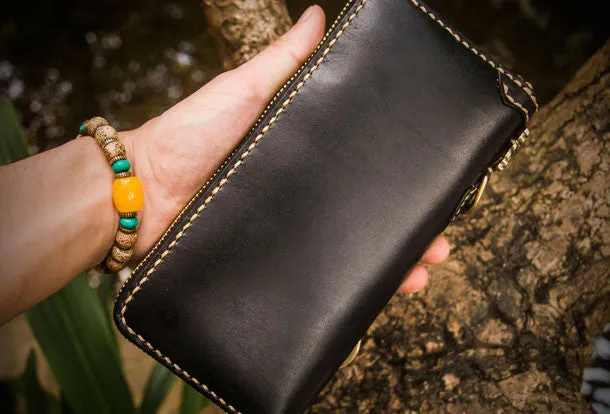 Handmade leather carp biker wallet clutch zip long wallet brown leather men phone