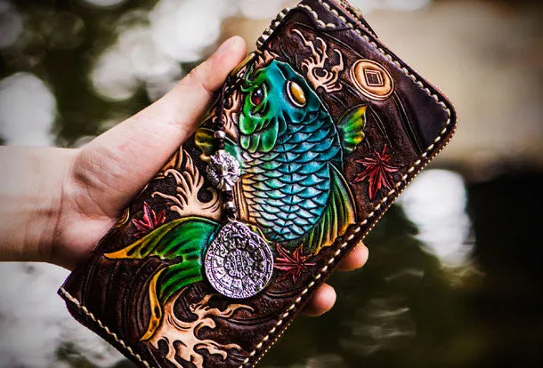 Handmade leather carp biker wallet clutch zip long wallet brown leather men phone