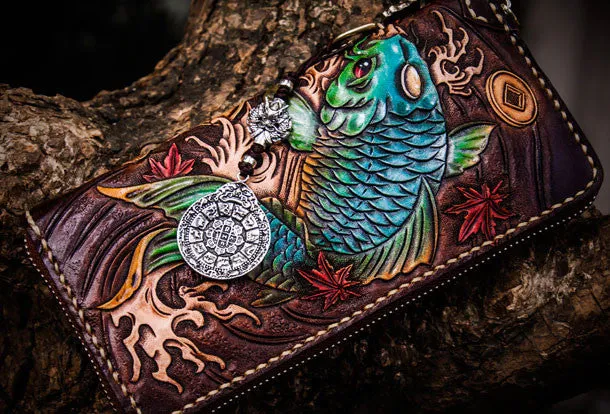 Handmade leather carp biker wallet clutch zip long wallet brown leather men phone