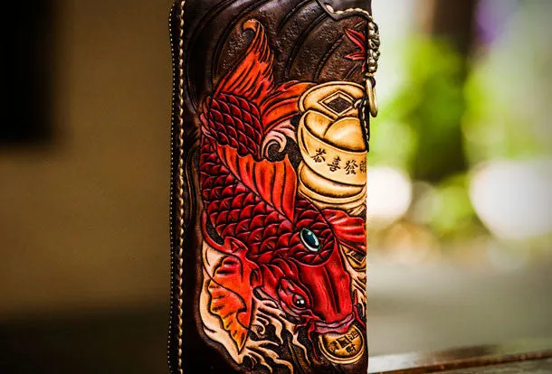 Handmade leather carp biker wallet clutch zip long wallet brown leather men phone